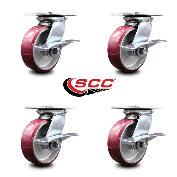 Service Caster 6 Inch Heavy Duty Poly on Aluminum Caster Set with Ball Bearings and Brakes SCC SCC-35S620-PAB-SLB-4 - main